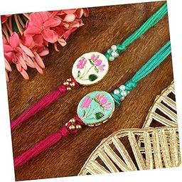 Set of 2 Lotus Meena Stone Rakhis with Roli Chawal for Brother Bhai Bhaiya Raksha Bandhan Pink Green Combo Pack Boys Men-0