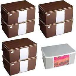 Homestrap Combo of 7 | 6 Non Woven Underbed Storage Organizer/Blanket Cover Bag with Transparent Window and Side Handle for Quilt, Clothes (Brown) 1 Saree Wardrobe Organizer (Grey)-picture-23