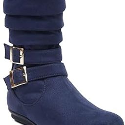 Women's Slipon Side Zipper PU Belt with Buckle Round Toes Calf Length Comfort Boots-image-1