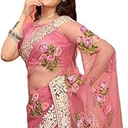 Women Beautiful Net Floral Pattern Embroidery Saree With Unstitched Blouse (6275)-30