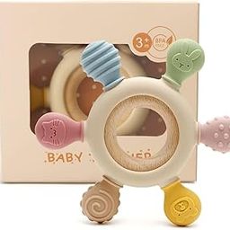 AMENDAS Silicone & Wood Baby Teether – BPA-Free Teething Toy for 3+ Months, Soft Chewable Teether for Babies 6-12 Months, Natural Neem Wooden & Silicone Teething Toy for Gum & Teeth Relief-picture-12