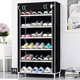 EASY BUY 6 Shelves Shoe Rack Plastic with Zip Door Cover & Side Pockets, Multiuse Storage Rack for Footwear, Toys, Clothes with Dustproof Cover (6 Shelves, Plastic) (Black)-68