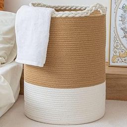 F R Creation Cotton Rope Laundry Storage Basket Collapsible Woven Basket with Leather Handle for Clothes Storage Beige and white (Size 15X20 Inches)-image-56