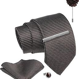 Tie for Men – Paisley Silk Neck Ties Set with Cufflinks Flower Pin, Pocket Square & Black Gift Box, Combo Necktie Sets for Office Wear, Formal Suits (Chocolate Brown, NXPLX_281)-image-94