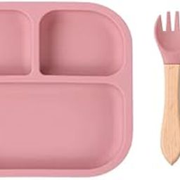 NIRVITTHAL Baby FeedingPlate, Silicone Divided Suction Plate, Toddler Wooden Spoons & Forks| Baby Led Weaning Supplies Self Feeding Eating Utensils (Pink)-image-86