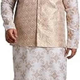 Plus (Since 1958) Men's Cotton Linen Printed White Kurta with Pyjama & Woven Nehru Jacket-image-1