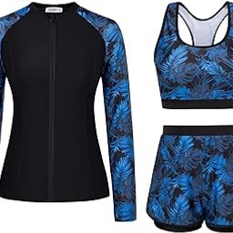 Women's 3 Piece Rash Guard Long Sleeve Swimsuits with Boyshorts Zip Up UPF 50+ Swim Shirt Built in Bra-image-7