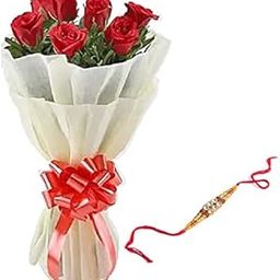 Floral Fantasy® Original Real Fresh Flower Bouquet For Rakhi Gift (Bunch Of 10 Red Roses with one Rakhi)-image-91