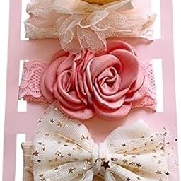 SYGA 3 Pcs Baby Girl Headband Soft Flower Bow Strechable Hairband Suitable For Newborns, Infants, Toddlers and Kids 0-3 Years(Golden Crown Double Flower)-image-91