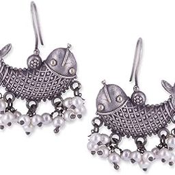 Silver-Toned Oxidised Contemporary Drop Earrings (Fish Shape), Brass, Artificial Beads - Womens-44
