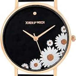 Joker and Witch Chamomile 36mm Black Dial 18mm Black Faux Leather Strap Watch for Women-image-2