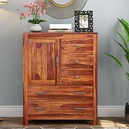 HAVORI FURNITURE Solid Sheesham Wooden Sideboard Cabinet for Living Room with Spacious 5 Drawers & 1 Door - Wooden Drawer Storage Cabinet for Bedroom Home Storage (Design 3)-image-91