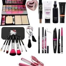 Tya 6155 Makeup Kit with 7 Black Makeup Brush, Hair Straightener, Fixer, Primer, Contour, Foundation, Eyelash Curler with Eyelashes, Glue,Kajal,36H and 3in1 Combo - (Pack of 19)-19