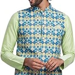 Men's Nehru Jacket, Blue Pure Cotton, Woven Design Regular Fit Mandarin Collar Sleeveless-0
