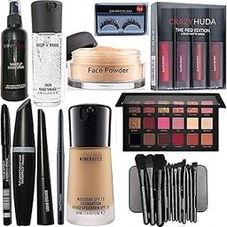 CRAZYHUDA Professional Makeup Combo Eyeliner,Mascara,Eyebrow Pencil,Kajal, Primer,Foundation, Face Powder, Eyeshadow, Makeup Brush, 4 in1 Lipstick, Eyelashes & Fixer Set of 12 Natural & Matte Finish-4