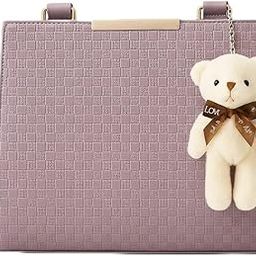 Ladies Quilted Tote Handbag with Teddy Bear Charm, Purple, Structured Design-8