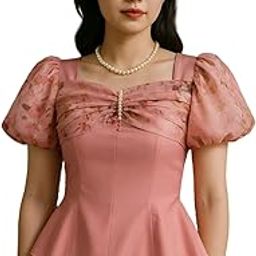 Floral Puff Sleeve Peplum Top with Pearl Detail, Square Neck, Pink-image-70
