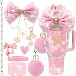 HASTHIP® for Stanley Cup Accessories & Charm Kit Set of 9 Pcs Accessories Sakura Silicone Straw Cap, White Pearl Chain Handle, Bottom Sleeve (Cup NOT Included)-Pink-image-15