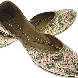 Women Zigzag Gold Genuine Soft Leather Embroidered Jutis | Bite and Pinch Free Jutti | Punjabi Formal Juttis | Girl's Wedding Flat Ladies Mojari | Formal Ethnic Juti |-picture-13