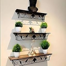 Wrought Iron Wall Hanging Shelf Bracket with Wooden Floating Display Racks Set of 3 for Living Room and Bedroom Wall Decor Wall Mounted Corner Side Shelves for Home Decoration and Storage-10