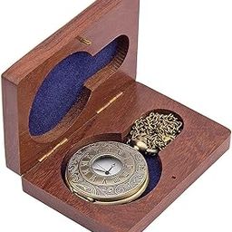 Artvarko Roman Number Pocket Watch with Wooden Box, Bronze Analog Long Chain Vintage Style Round Dial Quartz Unisex.-image-2
