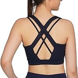 Women Gym Workout Non Padded Quick Dry Wirefree Solid Criss-Cross Back Active Sports Bra with Full Coverage (Navy Blue, S)-picture-7