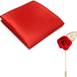 Red Premium Mens Solid Micro Fiber Silk Satin Pocket Square Wedding Handkerchiefs Along With Red Rose Lapel Pin Brooch-Pack of 2-image-98