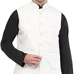 Men's White & Black Self-Pattern Modi Nehru Jacket Waistcoat Wedding & Formal Wear-picture-1