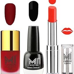 MI Fashion Nail Polish and Lipstick Combo - Tomato Red Matte Nail Polish, Black Shine Nail Polish and Orange Crush Lipstick Set of 3-image-53