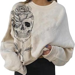 Halloween Sweatshirt Costume Clothing Tops for Women Khaki Skull Rose XL-image-88