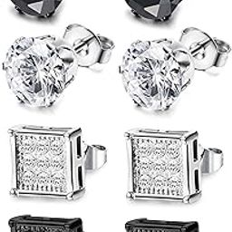 4 Pairs Stainless Steel Stud Earrings for Men Women Earrings CZ Inlaid,6-8mm-image-12