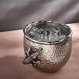 GIBOX Home Bar Accessory Ice Bucket with Glass Lid, Crocodile Cask Metal, Beer, Champagne & Wine Holder, Decorative Designer Ice Bucket for Parties & Gatherings, Round Container-1