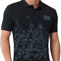 Men's Blue Logo Printed Polo Collar Half Sleeve Casual Cotton Slim Fit T-Shirt-image-2