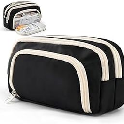 Meriox Large Capacity Pencil Case 3 Compartment Pouch Pen Bag for School Teen Girl Boy Men Women (Black)-image-10