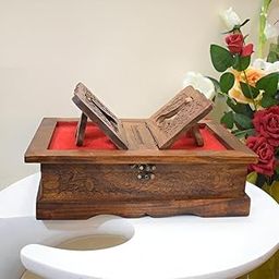 Handmade Wooden Rehal Full Carving Design Rosewood Rectangular Holy Book Stand with Red Velvet Interior for Quran Ramayan Bible Gita Ved Guru Granth Sahib (Brown, Carving Design)-4
