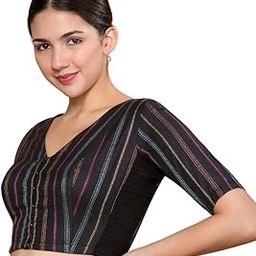 Women's Cotton Handloom Stripes Stretchable (Smocked) Readymade Saree Blouse-19