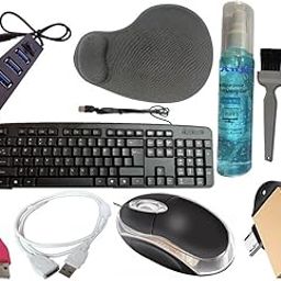 8 in 1 Combo of Wired Keyboard, Wired Mouse, Pad with Wrist Support, USB Hub 2.0, Cleaning Kit with Cloth & Brush 100ml, Extension Cable 1.5 Meter, LED Light, OTG 2in1 Micro & C to A Type-16
