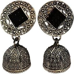 Vintage Style Jhumka Earrings, Antique Gold Finish, Black Dome Design with Butterfly Pattern, Traditional Indian Jewellery, Oxidised Earring, Silver Color, Combo Of 3-image-41