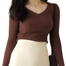 Casual Full Sleeve V Neck Ribbed Top for Girls – Comfortable Lycra Knitted Top-55