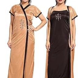 2 Pieces Nighty Satin Nighty Set with Embroidery on Nighty & Housecoat (Robe) with Two Colour Matching of Nighty & Rob-image-17