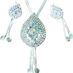 Elegant White Stone Pendant Necklace Set for Women | Stainless Steel Oval Design Chain with Matching Earrings | Jewellery for Teens, Girls & Women (Black & Silver Finish)-30
