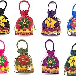 SriShopify Handcrafted Handmade Cotton Apliq Work Multi Color Embroidered Potli Jewellery Natural Kaudi Shells Gift Bag for Wedding Birthday | Baby Shower | Mundan Festival Combo Pack Of-17