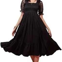 sheetal associates Women's Solid Black Smocked Fit & Flare Midi Dress with Puff Sleeves| Comfortable Relaxed Fit Summer Dress-picture-13