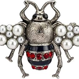 White Red Stone Black Enamel Matte Silver and Gun Metal Power Dressing Bee with Pearls Brooch for Men-image-31
