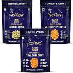 Evolve Combo Healthy Snacks for Kids, Adults | Gluten Free, Low Calorie, Vegan, No Artificial Colors | Pudina Foxnut, Soya Corn & Oats Chips - Pack of 3-image-10
