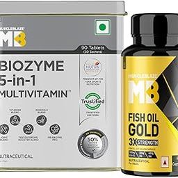 MuscleBlaze Biozyme Daily Multivitamin (90 Tablets) with US Patent Filed EAF® & Omega 3 Fish Oil Gold 1250mg- Triple Strength Formula (560mg EPA & 400mg DHA) (60 Capsules) | Combo Pack-5