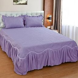 The Little Big Store King Size Solid Quilted Soft Bedsheet Cotton Feel Bedspread | 350 GSM 108"x108" Bed Cover with 2 Pillow Covers Bed Skirt with Ruffle Fringe Side Frills Pleated Laces (Purple)-image-75