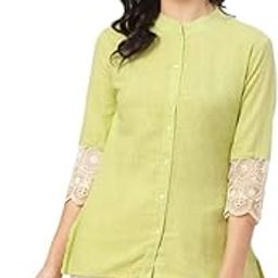 Women's Cotton Embroidered Lace on Sleeves Mandarin Collar 3/4th Sleeve Formal Shirt (Lime Green)-picture-14