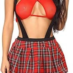 Women's Cotton Honeymoon Babydoll Lingerie Set Sexy School Uniform Set Role Play Mini Plaid Skirt-image-28
