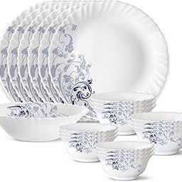 Larah by Borosil Blue Eve Silk Series Opalware Dinner Set | 19 Pieces for Family of 6 | Microwave & Dishwasher Safe | Bone-Ash Free | Crockery Set for Dining & Gifting | Plates & Bowls | White-109